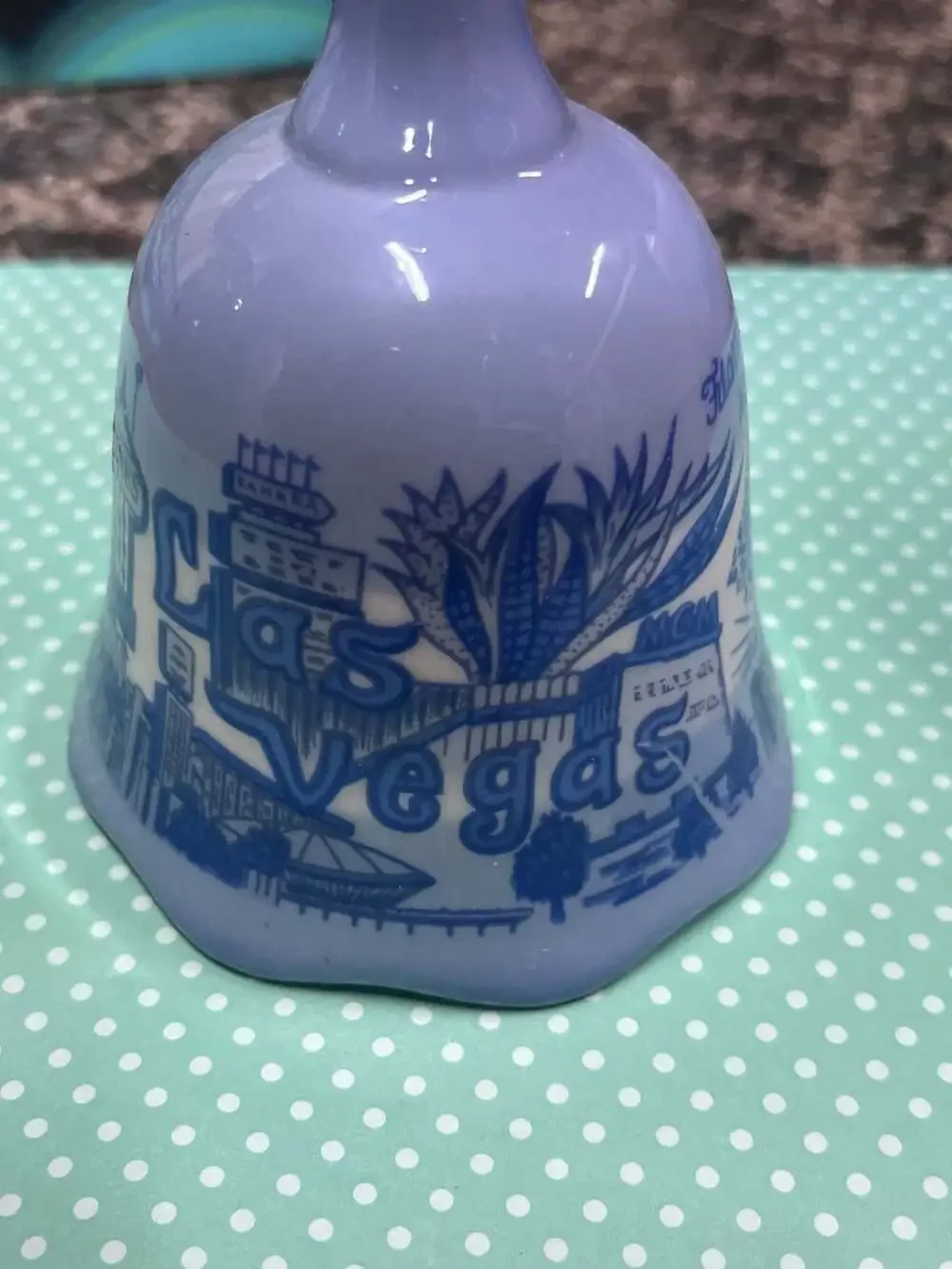 Vintage Las Vegas Casino Souvenir Ceramic Bell Light Blue and White